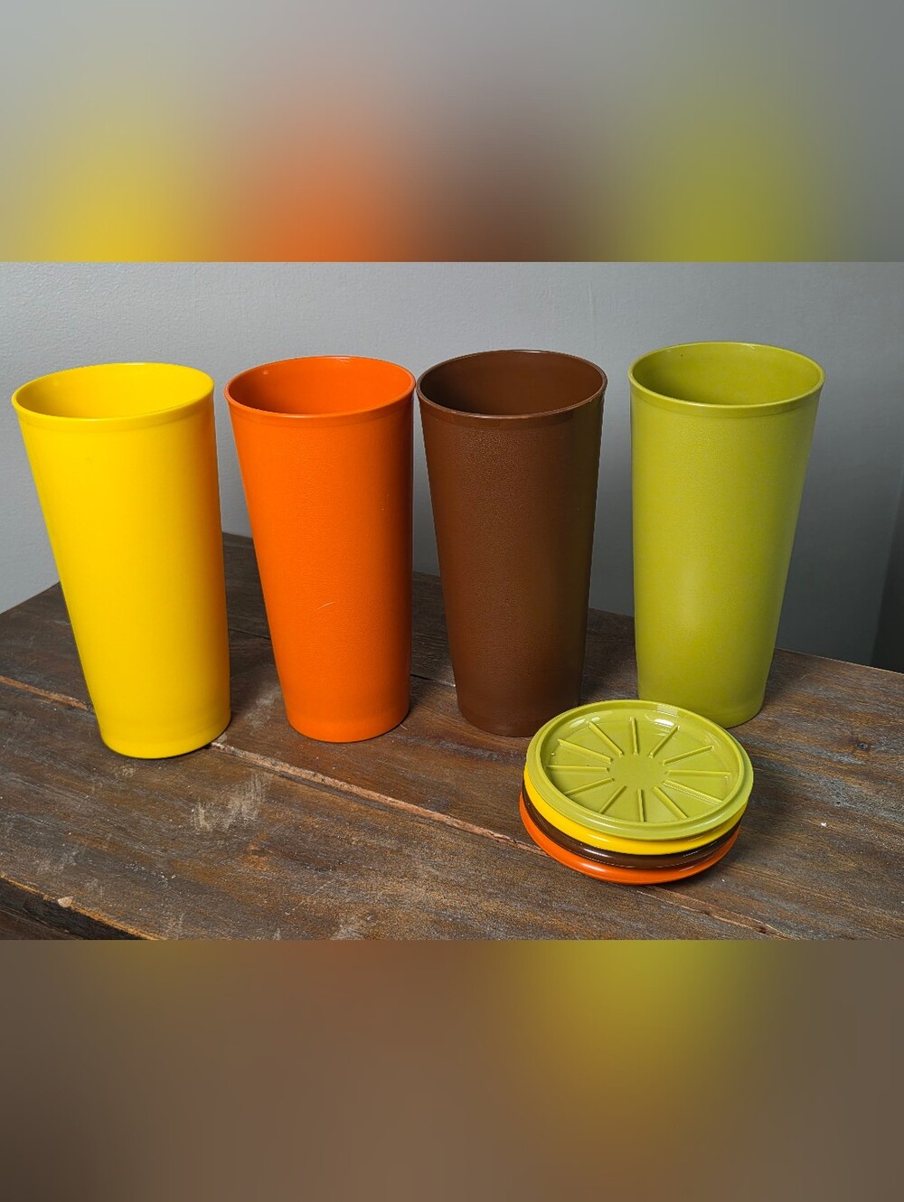 Vintage Tupperware Harvest Colors Tumblers Coasters Lids Set of 4 #117 Highball - Picture 2 of 8
